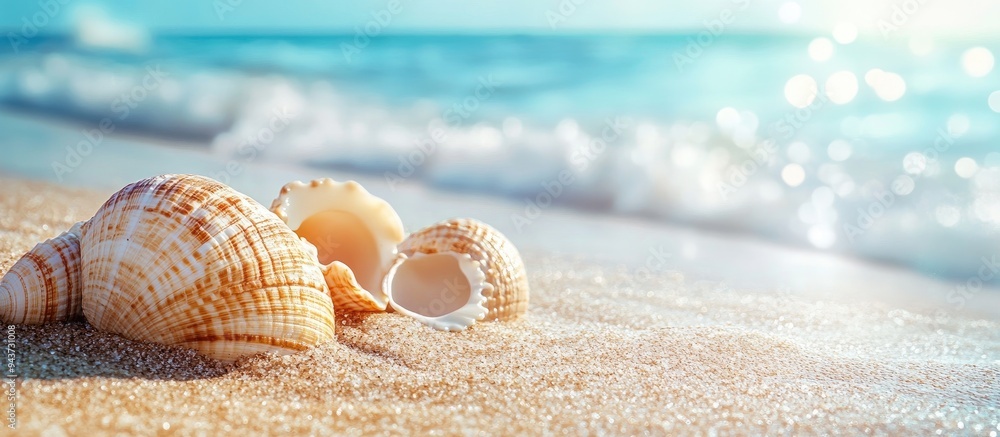 Poster lovely sea shells on a sandy shore. with copy space image. place for adding text or design