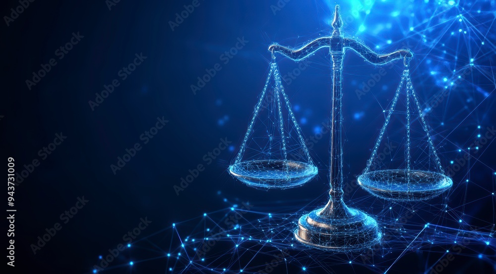 Poster the digital scales of justice against the backdrop of data and code symbolize the rule of law in the