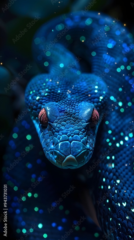 Poster bioluminescent snake glowing in mystical dark forest with captivating patterns and atmosphere