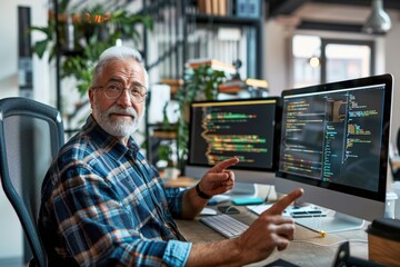 Senior Programmer Working on Dual Monitors in Home Office