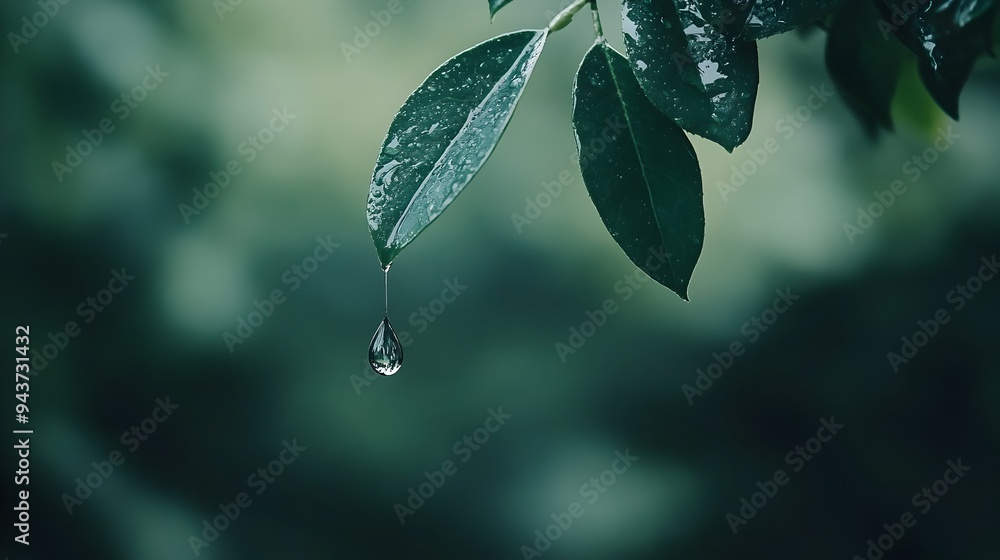 Poster fragile raindrop hanging delicately from green leaf in peaceful natural setting symbolizing resilien