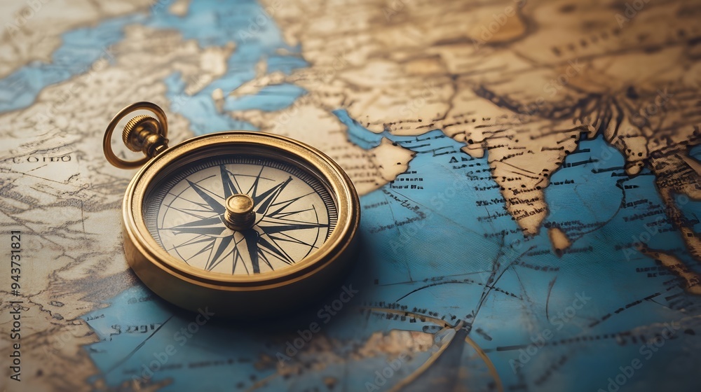 Poster compass lying on a detailed map symbolizing direction guidance and the journey of and discovery the 