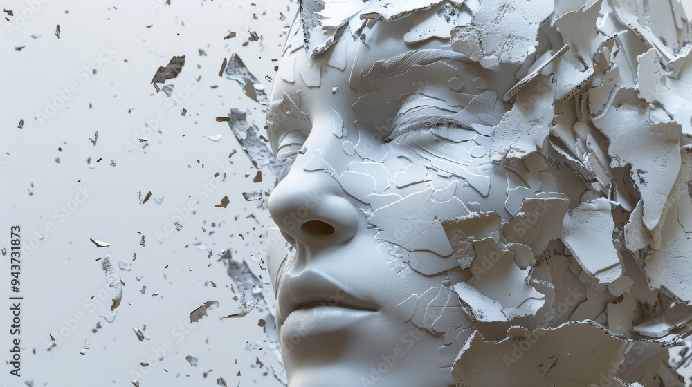 Poster close-up view of artificial intelligence fragments converging to outline a face, set against a smoot