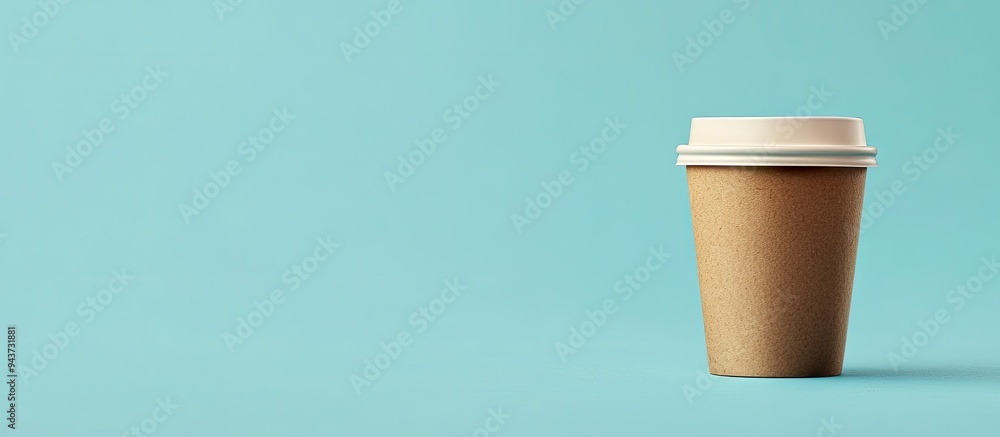 Poster one cup of takeaway coffee on a blue backdrop. with copy space image. place for adding text or desig