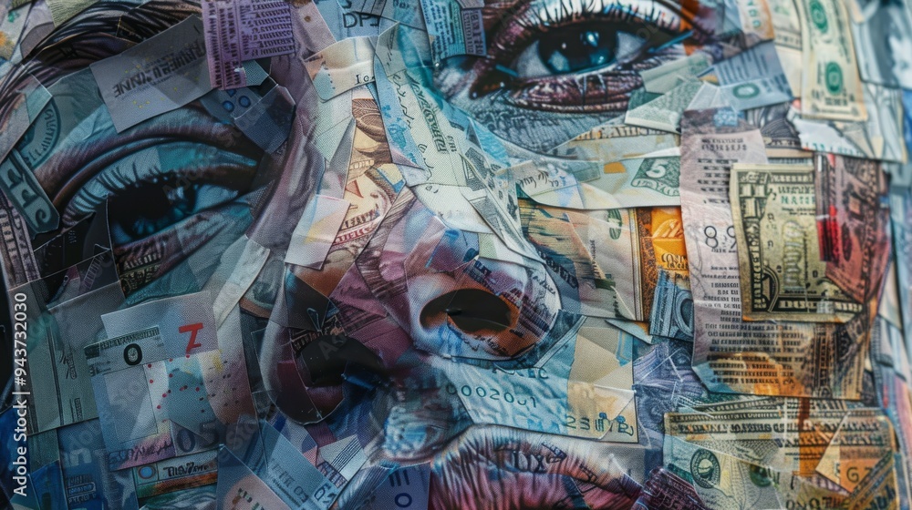 Poster Close-up view of an abstract face created from overlapping images of banknotes, with intricate details and a clean background