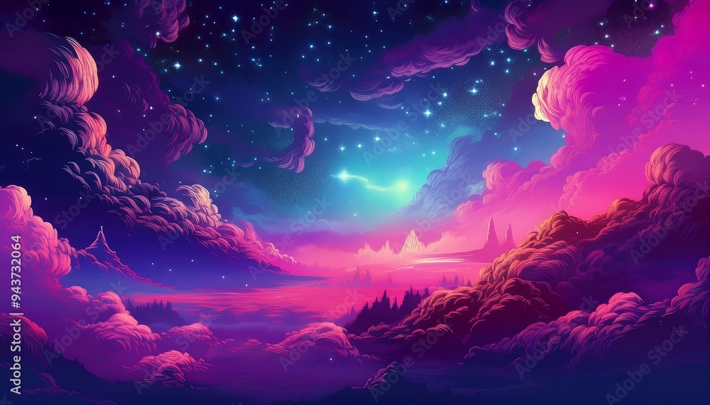 Wall mural Pixelated Nebula Glow - A simple pixel art scene featuring a vibrant nebula with soft clouds of gas. Game design galaxy poster. Graphic art 8 bit illustration. Ai Generated