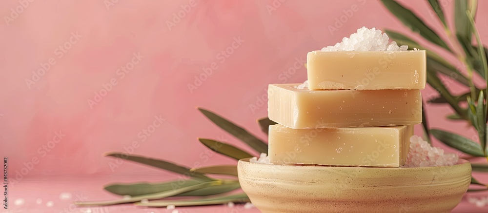 Aufkleber Olive soap bars and a bowl of sea salt on a colored background. with copy space image. Place for adding text or design
