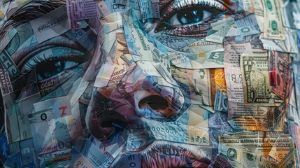 Fototapeta premium Close-up view of an abstract face created from overlapping images of banknotes, with intricate details and a clean background