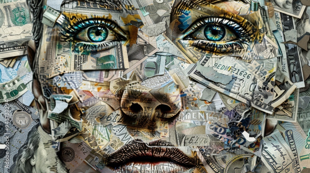 Poster collage of banknotes forming an expressive face, with detailed textures and patterns that reflect fi
