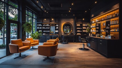 A modern salon interior design with leather chairs and a wood floor offers a blend of luxury and comfort.