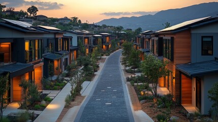 Sunset illuminates a zero energy neighborhood featuring modern homes, solar panels, and lush landscaping along a peaceful pathway.