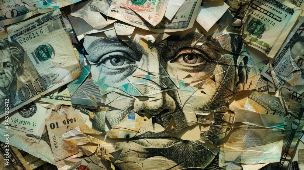 Poster collage of banknotes forming an expressive face, with detailed textures and patterns that reflect fi