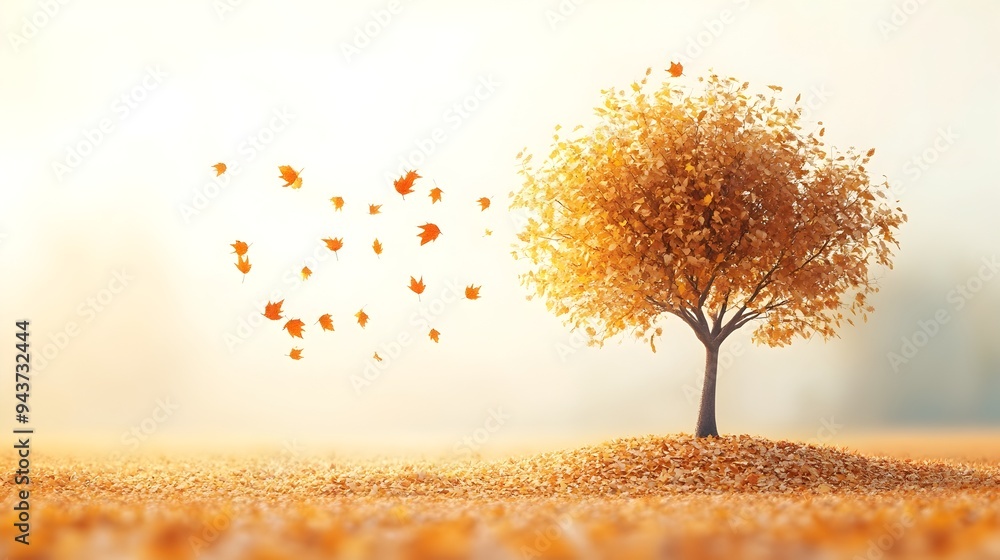Poster changing seasons symbolized by falling autumn leaves on tree with ample copy space for text overlay 