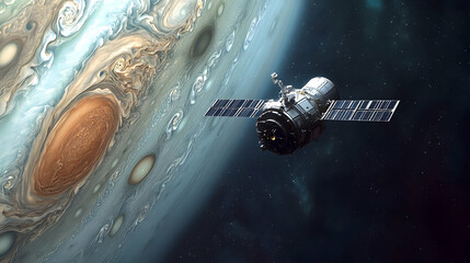 A satellite orbits Jupiter, a gas giant with swirling clouds and a large red spot.