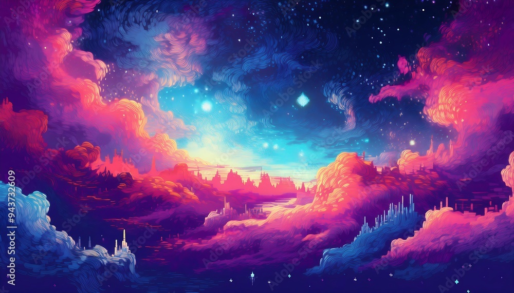 Wall mural pixelated nebula glow - a simple pixel art scene featuring a vibrant nebula with soft clouds of gas.