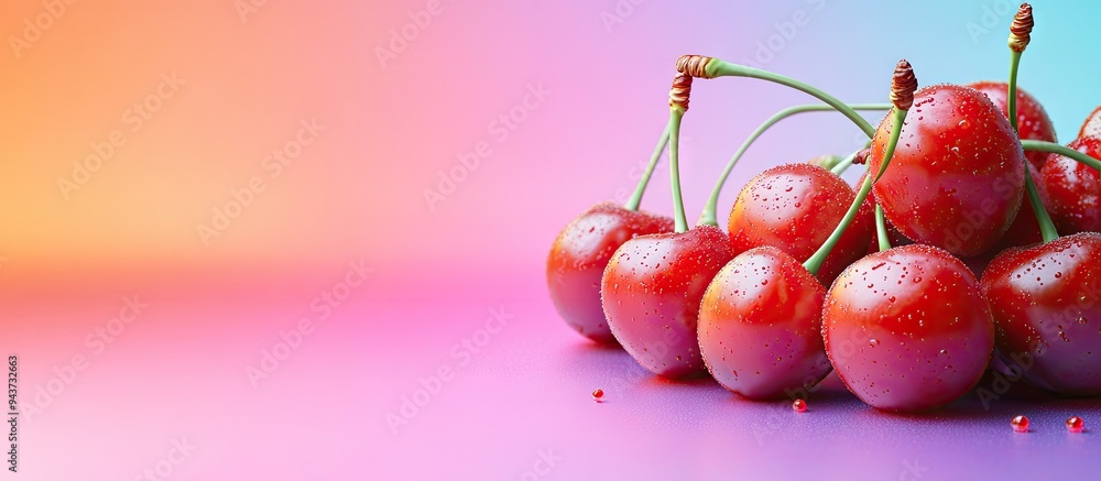 Fototapete numerous ripe sweet cherries on a colorful background. with copy space image. place for adding text 