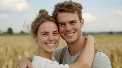 Obraz premium Smiling couple embracing in golden field, radiating happiness and love. 