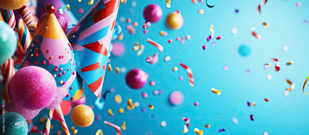 Poster Party background image featuring party hats streamers and colorful candies captured with copy space