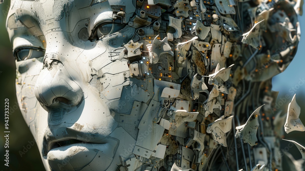 Poster complex ai components assembling into a face, detailed and vivid, with a pure, clean background
