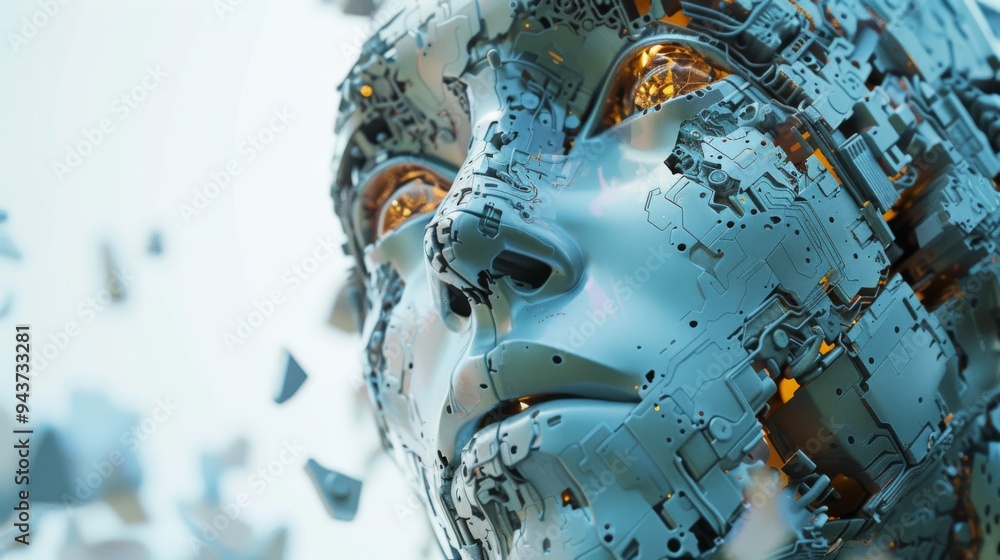 Poster complex ai components assembling into a face, detailed and vivid, with a pure, clean background