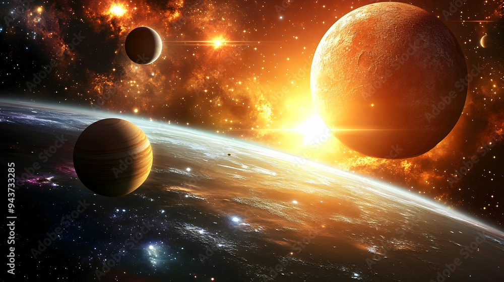Poster a scenic view of a planet in space with a large orange sun and two smaller planets in the background