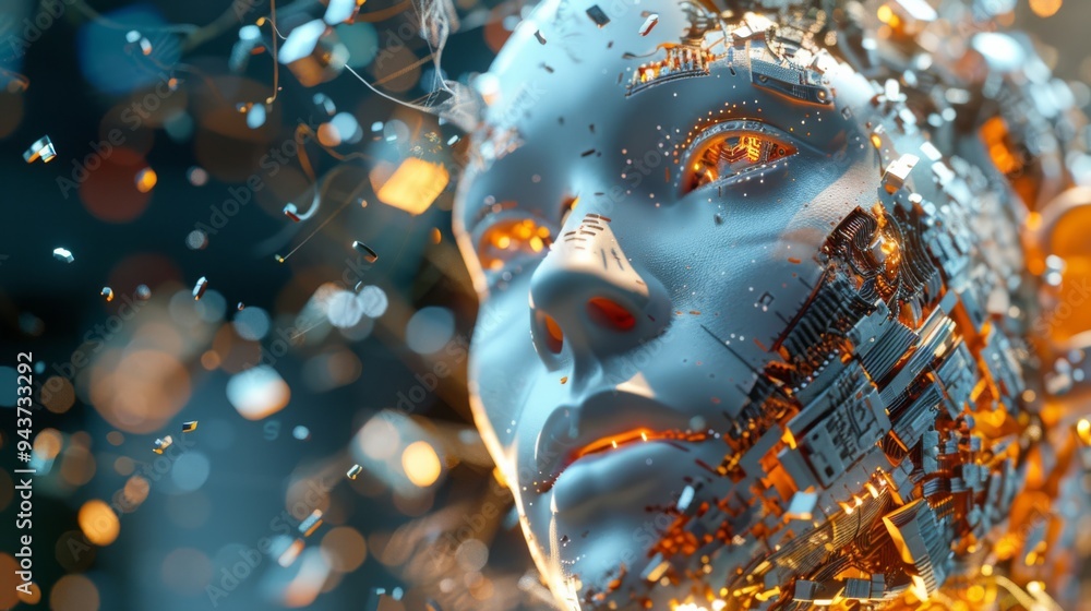 Poster complex ai components assembling into a face, detailed and vivid, with a pure, clean background