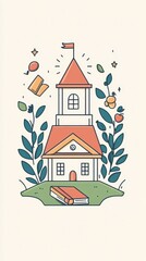 Obraz premium A whimsical depiction of a schoolhouse with books and plants, symbolizing the excitement of returning to school in a cheerful, minimalist style