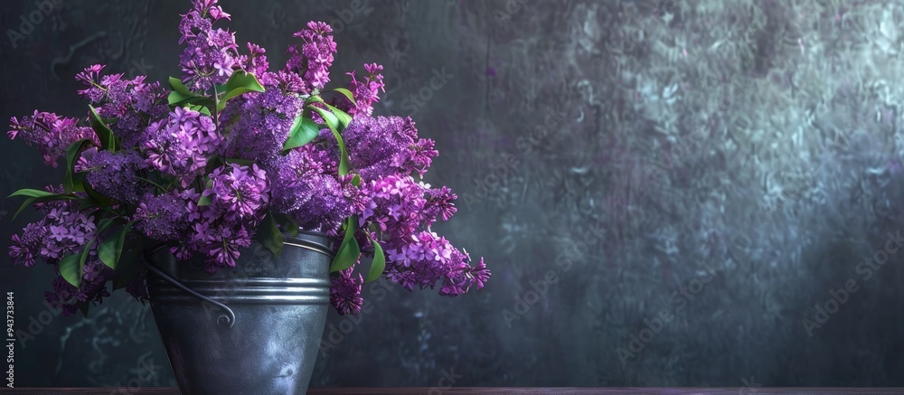 Leinwandbilder bunch of purple lilac in a metal container. with copy space image. place for adding text or design