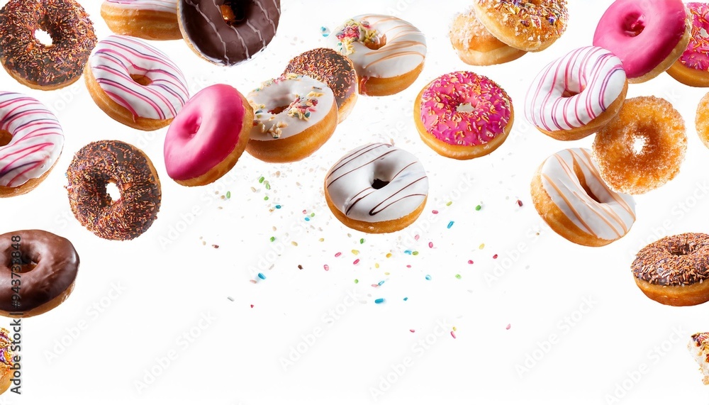 Poster decorated donuts falling down isolated on white or transparent background