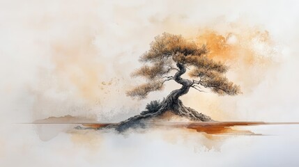 Fototapeta premium Artistic depiction of a solitary tree in a serene landscape, blending nature's beauty with soft, warm colors.