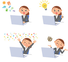 パソコンで仕事をする女性の色々なポーズ