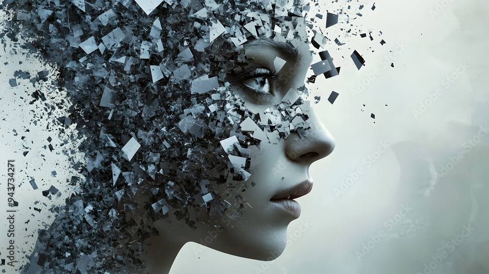 Poster fragmented digital identity a face breaking apart into digital fragments symbolizing the transformat