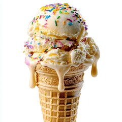 Melting ice cream cone, colorful sprinkles cascading down, sunny day background, Watercolor style