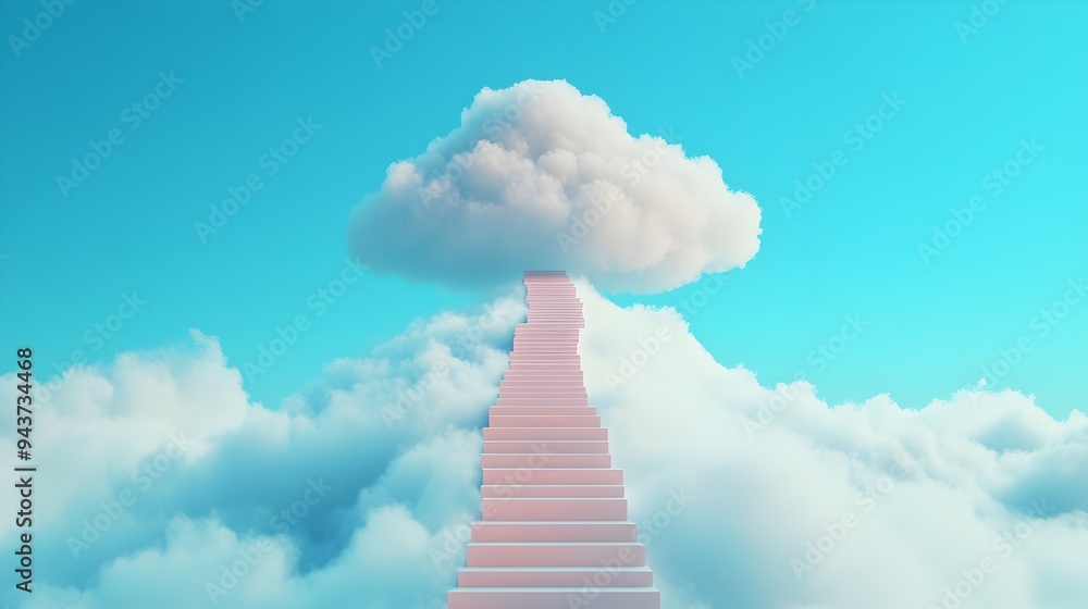 Poster staircase leading into a cloudy sky symbolizing and dreams a surreal conceptual image of a minimalis
