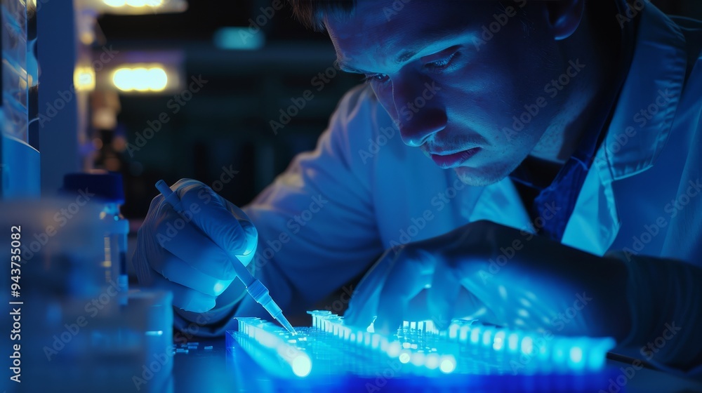 Aufkleber Detailed image of a scientist analyzing a gel electrophoresis result with visible bands and markers in a well-lit lab.