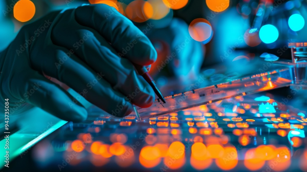 Poster Detailed image of a scientist analyzing a gel electrophoresis result with visible bands and markers in a well-lit lab.