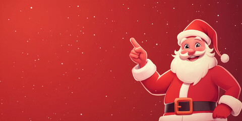 A cheerful Santa Claus in his iconic red suit joyfully points towards a blank advertisement banner, inviting viewers to engage in the festive spirit and spread holiday cheer during the Christmas seaso