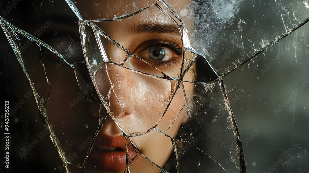 Poster A shattered mirror reflecting different emotions symbolizing the complexity and fragmentation of the self  The broken reflection creates an abstract conceptual