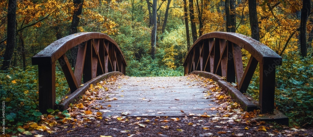 Poster Pedestrian bridge along a path in an autumn forest Natural backdrop with copyspace for text or lettering