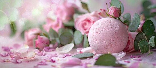 Spa environment featuring eucalyptus leaves alongside a bunch of pink roses and a herbal ball Copyspace