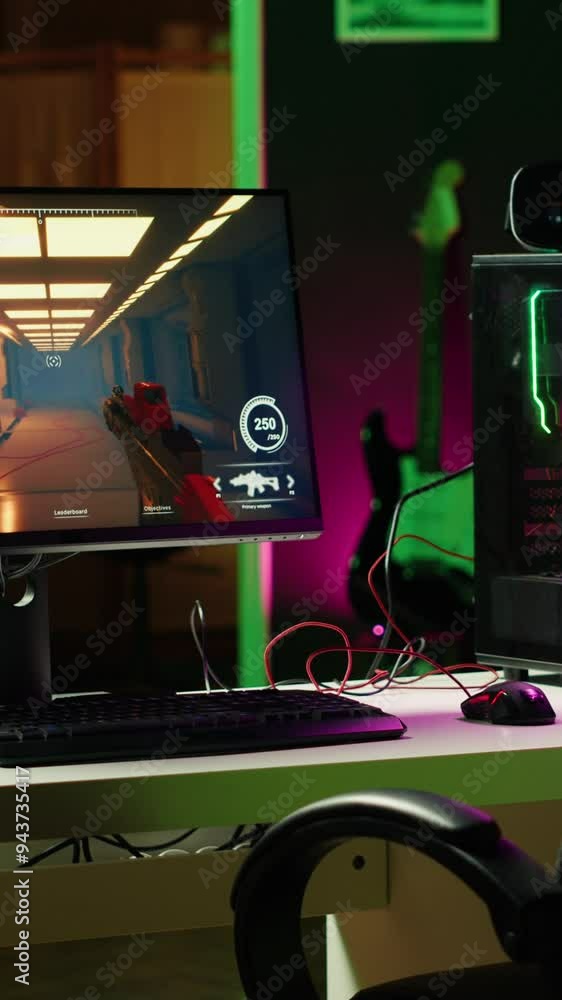 Poster vertical video neon lit components on opened gaming pc device next to keyboard, speakers, wired mous