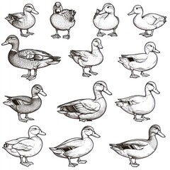 Obraz premium A collection of illustrated ducks in various poses and styles.