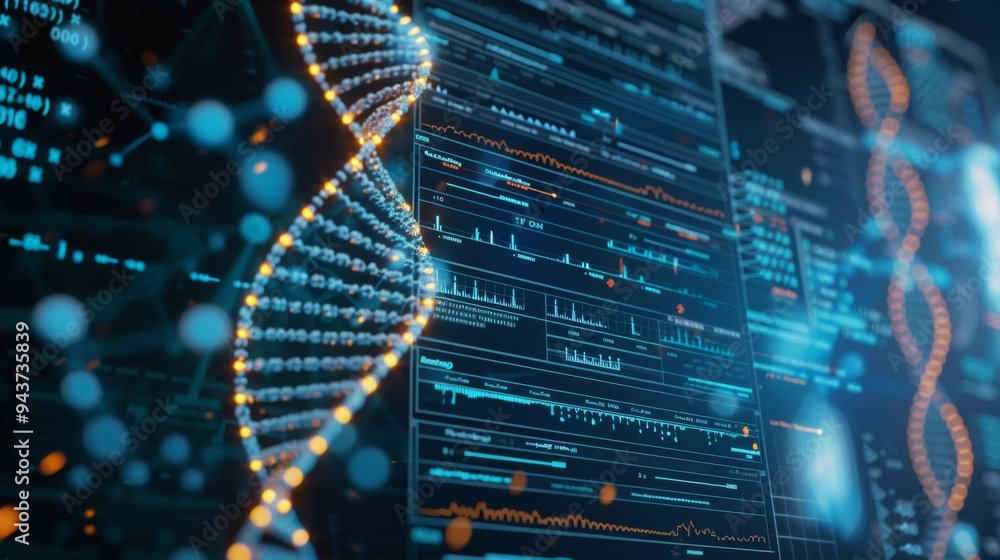 Poster Detailed view of DNA sequencing being performed on a digital screen with graphs and data in a cutting-edge biotech facility.