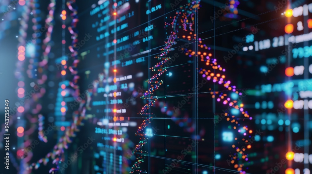 Poster Detailed view of DNA sequencing being performed on a digital screen with graphs and data in a cutting-edge biotech facility.