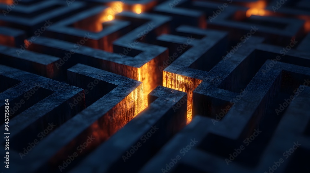 Poster illuminated path through geometric maze symbolic representation of clarity amidst confusion and unce