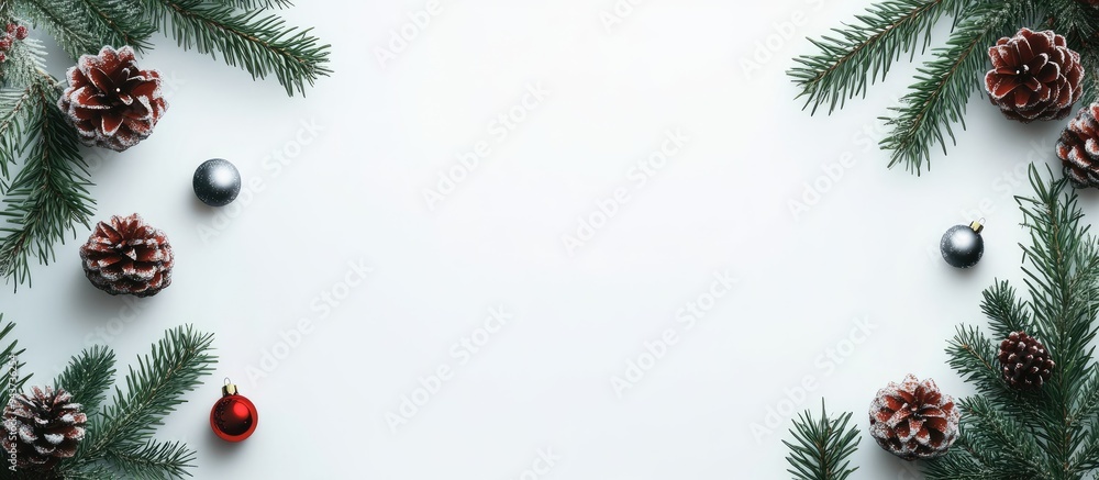 Poster Flat lay arrangement for Christmas featuring pine and decorations. with copy space image. Place for adding text or design