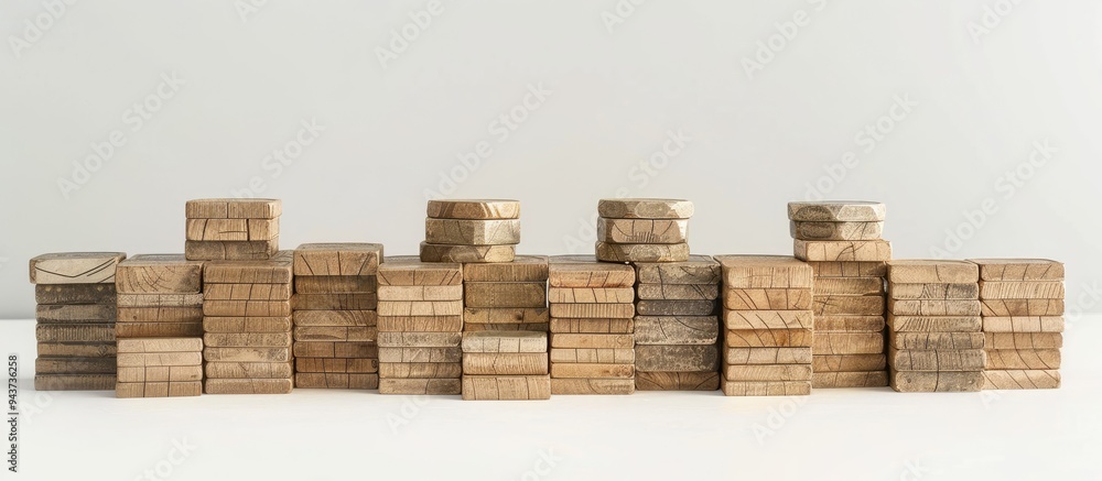 Poster Stacks of coins arranged in rows with wooden blocks isolated on a white background Side decoration CIT Corporate Income Tax. with copy space image. Place for adding text or design