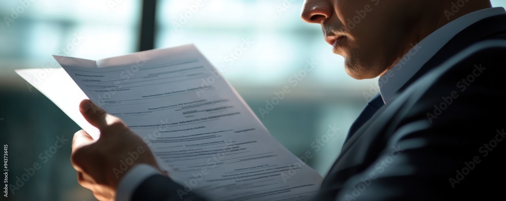 Poster close-up of a man's hands holding a document during a tax audit review with focus and concentration 