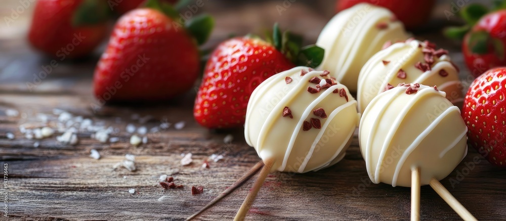 Poster white chocolate cake pops and strawberries on sticks birthday party treats on a wooden surface. with