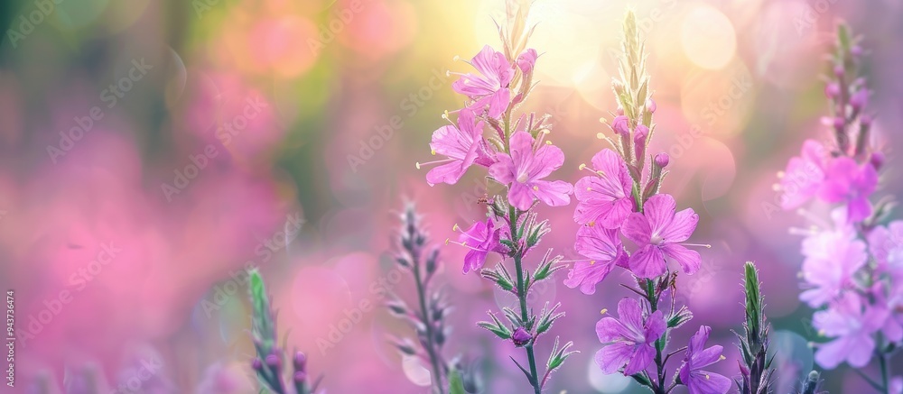 Poster close up of the pink flower of rosebay willowherb chamaenerion angustifolium set against a light gre